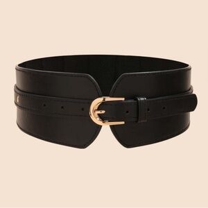 Black Wide Waist Belt Vegan Leather with Gold Buckle